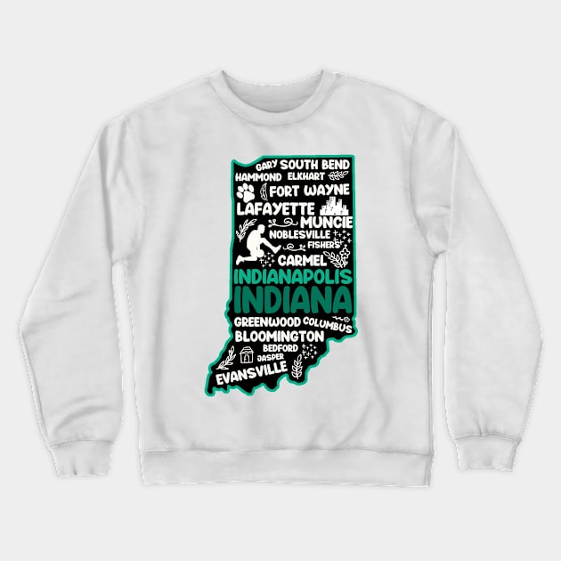 Indianapolis Indiana cute map, Fort Wayne, Evansville, Carmel, South Bend, Fishers, Bloomington, Hammond, Gary, Lafayette Crewneck Sweatshirt by BoogieCreates